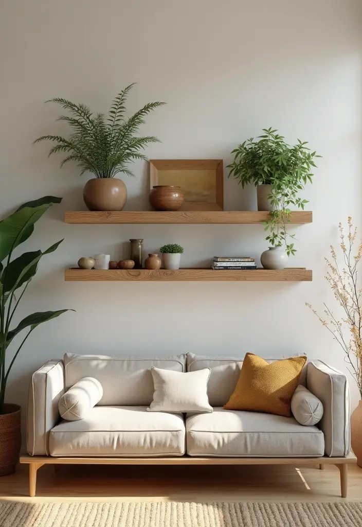 28 Staggered Floating Shelves Living Room Ideas That Add Visual Interest - 21. Eco-Friendly Floating Shelves