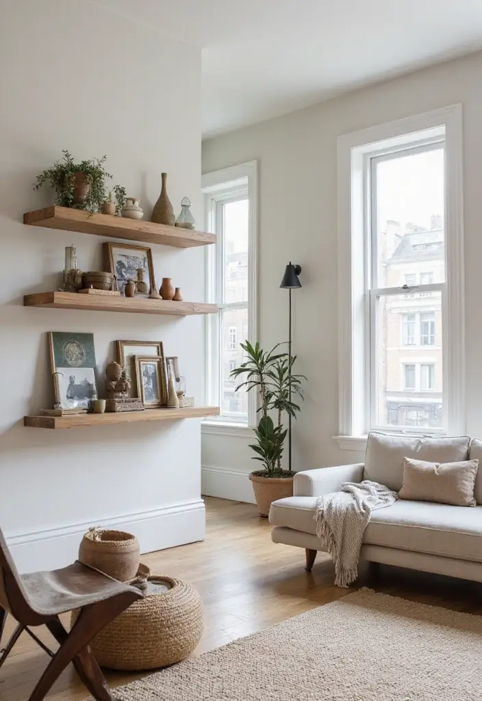 28 Staggered Floating Shelves Living Room Ideas That Add Visual Interest - 22. Floating Shelves as Room Dividers