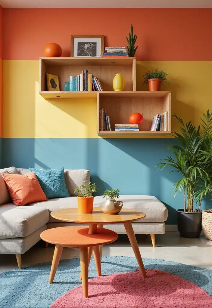 28 Staggered Floating Shelves Living Room Ideas That Add Visual Interest - 23. Floating Shelves with Bold Color Accents