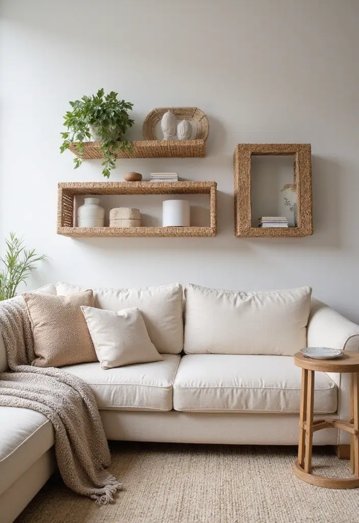 28 Staggered Floating Shelves Living Room Ideas That Add Visual Interest - 24. Textured Floating Shelves for Depth