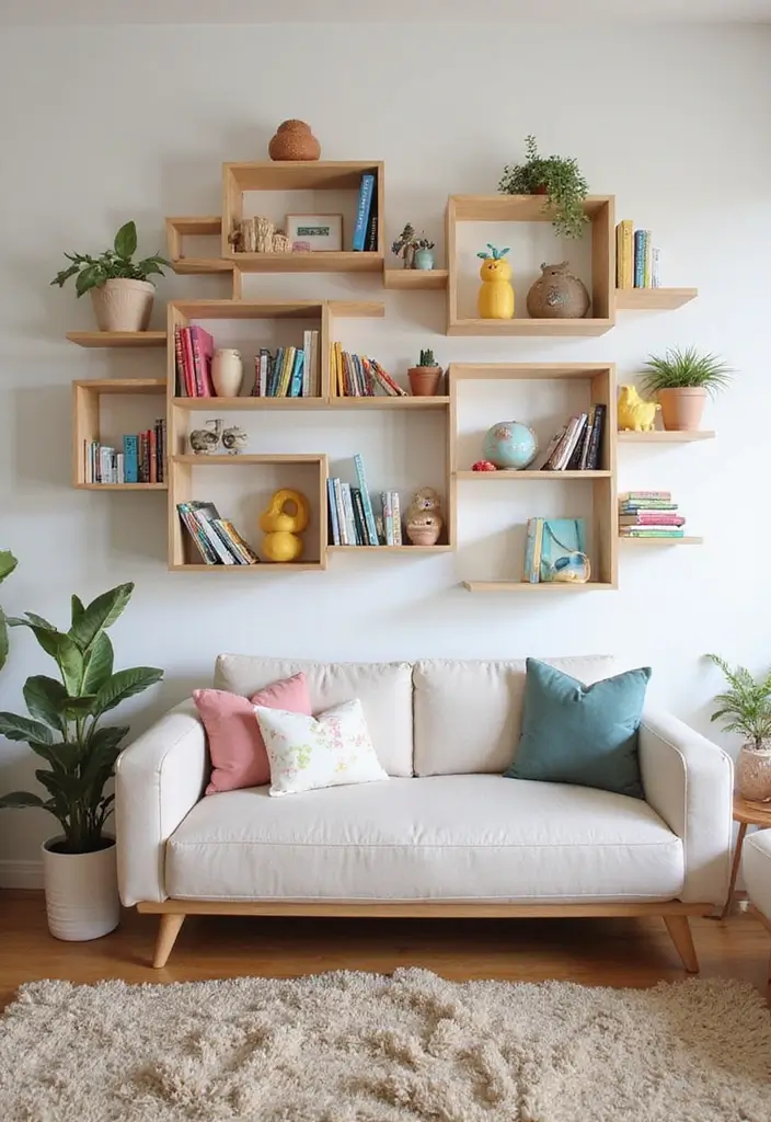 28 Staggered Floating Shelves Living Room Ideas That Add Visual Interest - 25. Stylish Floating Shelves for Kids' Spaces