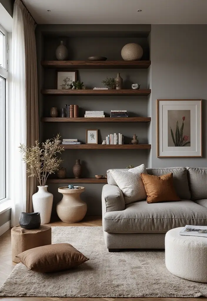 28 Staggered Floating Shelves Living Room Ideas That Add Visual Interest - 26. Elegant Floating Shelves for Formal Spaces