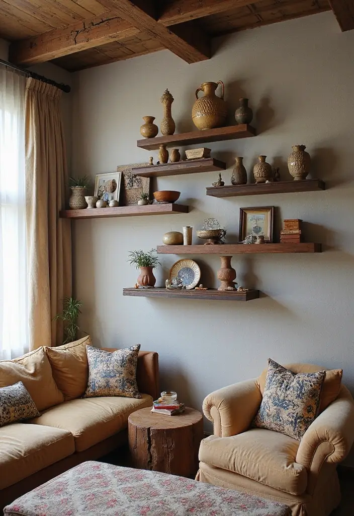 28 Staggered Floating Shelves Living Room Ideas That Add Visual Interest - 27. Global-Inspired Floating Shelves