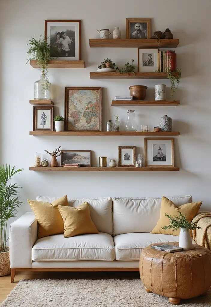 28 Staggered Floating Shelves Living Room Ideas That Add Visual Interest - 28. Floating Shelves with Personal Touch