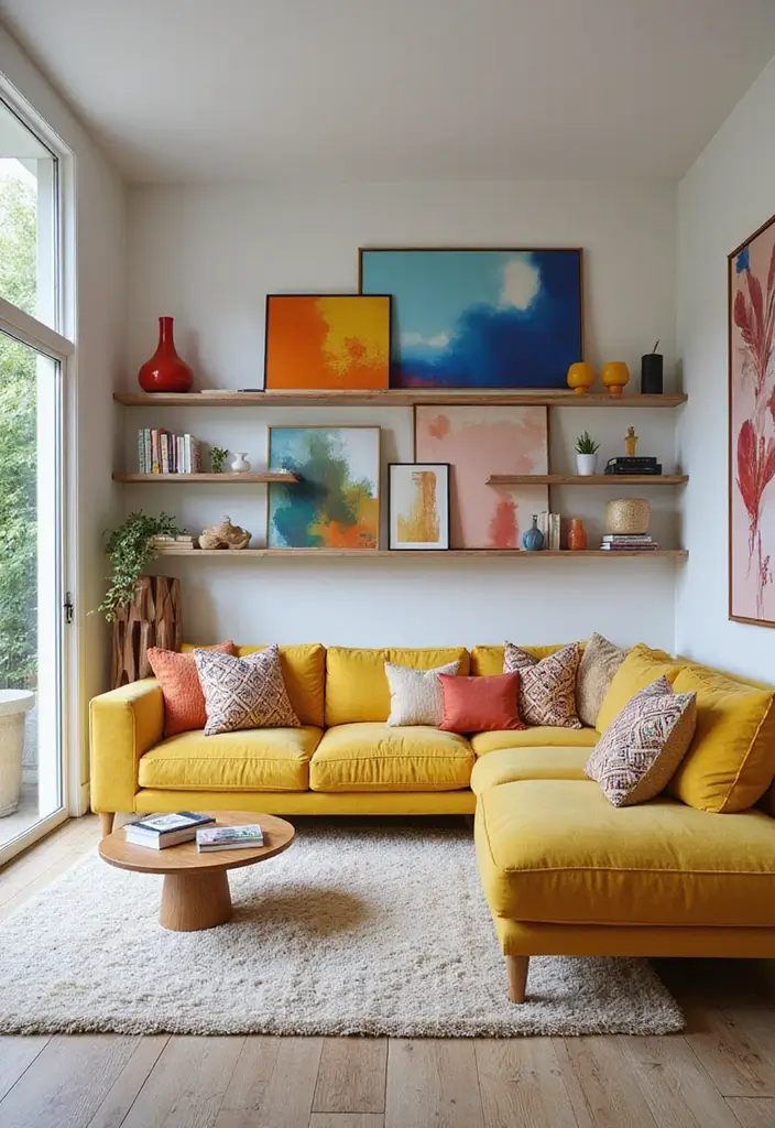 28 Staggered Floating Shelves Living Room Ideas That Add Visual Interest - 3. Geometric Floating Shelves for a Trendy Twist