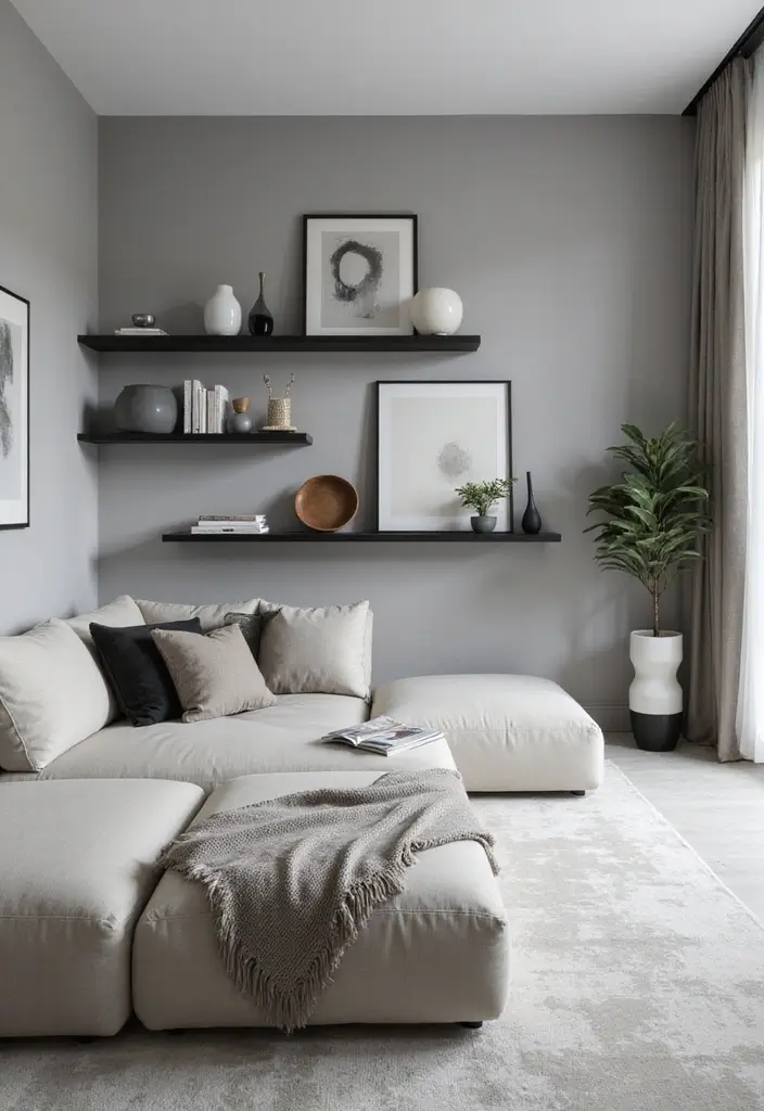 28 Staggered Floating Shelves Living Room Ideas That Add Visual Interest - 4. Monochromatic Shelves for a Seamless Look