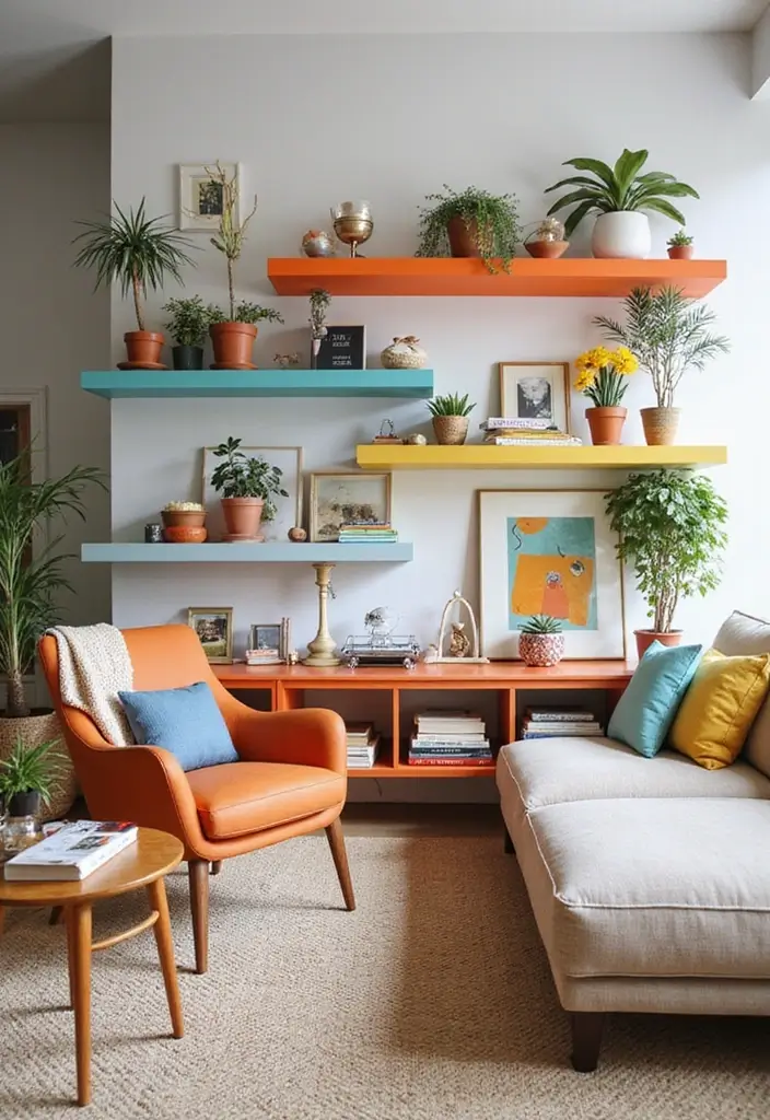 28 Staggered Floating Shelves Living Room Ideas That Add Visual Interest - 5. Colorful Floating Shelves for a Pop of Fun