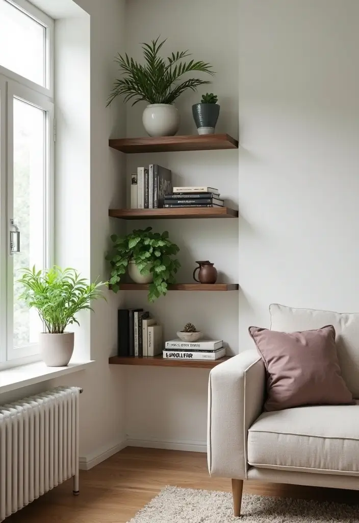 28 Staggered Floating Shelves Living Room Ideas That Add Visual Interest - 6. Corner Floating Shelves for Space Optimization