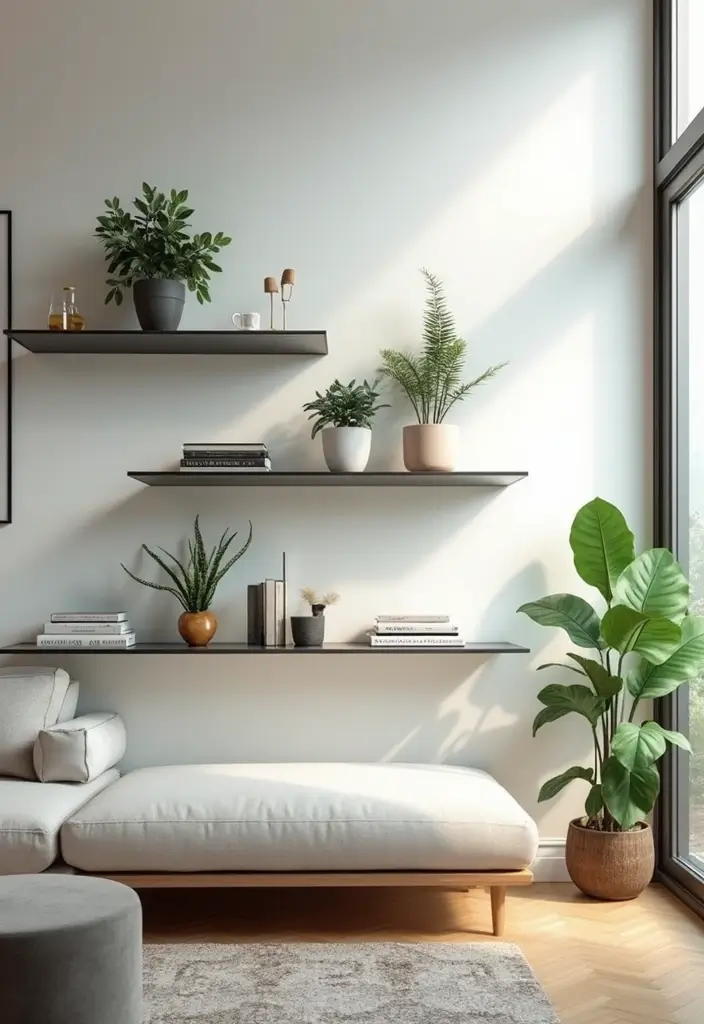 28 Staggered Floating Shelves Living Room Ideas That Add Visual Interest - 7. Glass Floating Shelves for a Light Touch