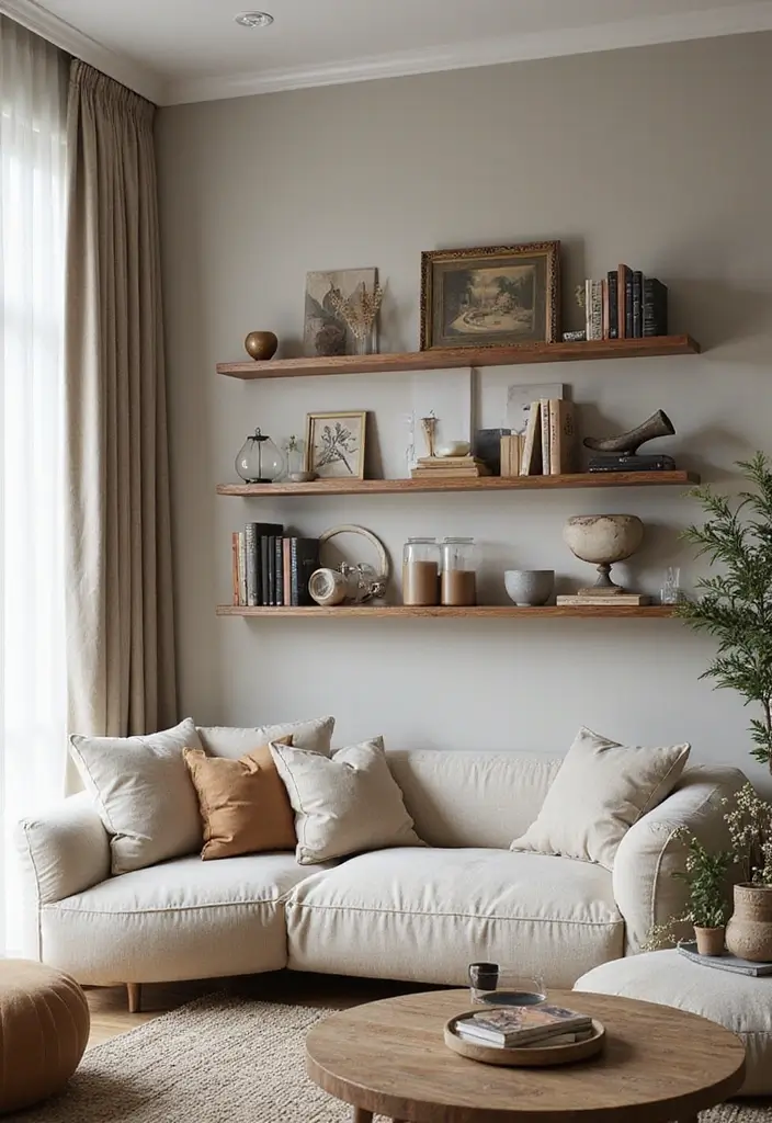 28 Staggered Floating Shelves Living Room Ideas That Add Visual Interest - 9. Artistic Floating Shelves as Focal Points