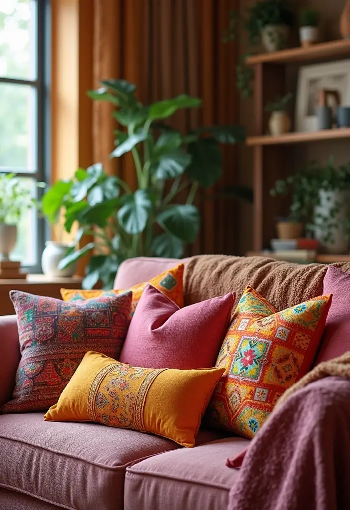 28 Sunset Living Room Ideas That Bring Color and Calm - 14. Vibrant Throw Pillows for Accents