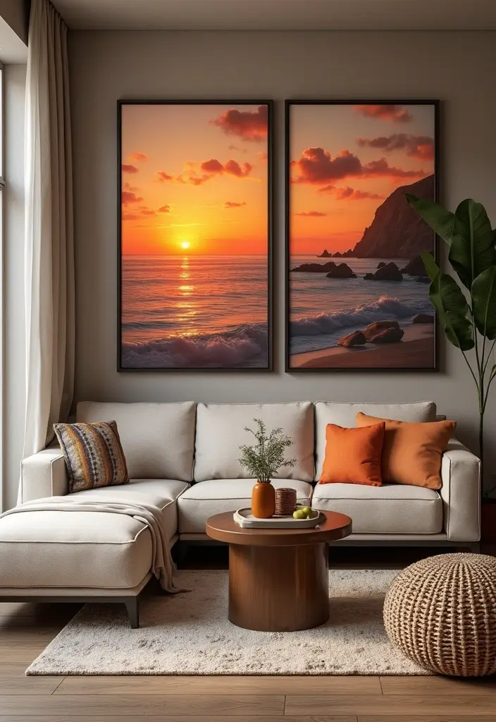 28 Sunset Living Room Ideas That Bring Color and Calm - 15. Incorporate Sunset-Themed Art