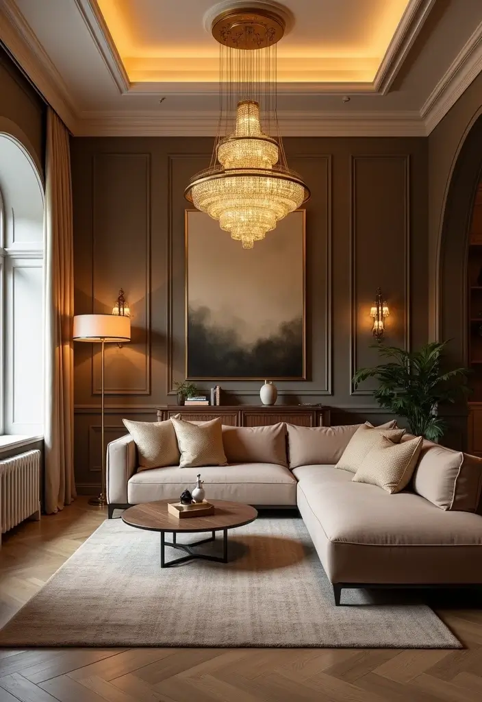 28 Sunset Living Room Ideas That Bring Color and Calm - 16. Elegant Lighting Fixtures in Gold