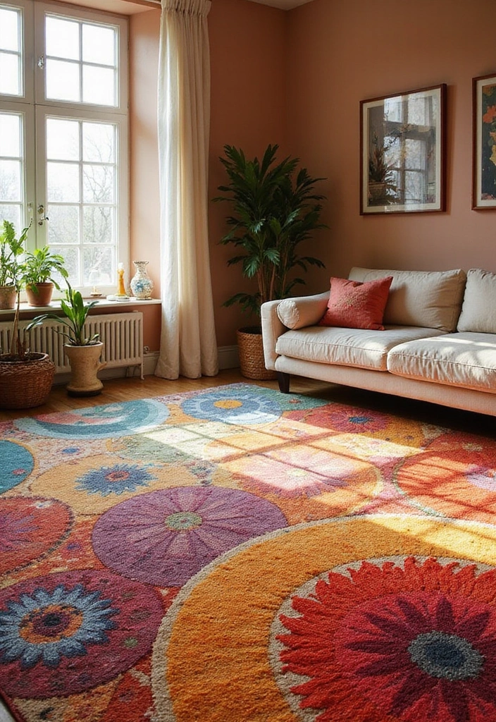 28 Sunset Living Room Ideas That Bring Color and Calm - 17. Colorful Area Rugs for Grounding