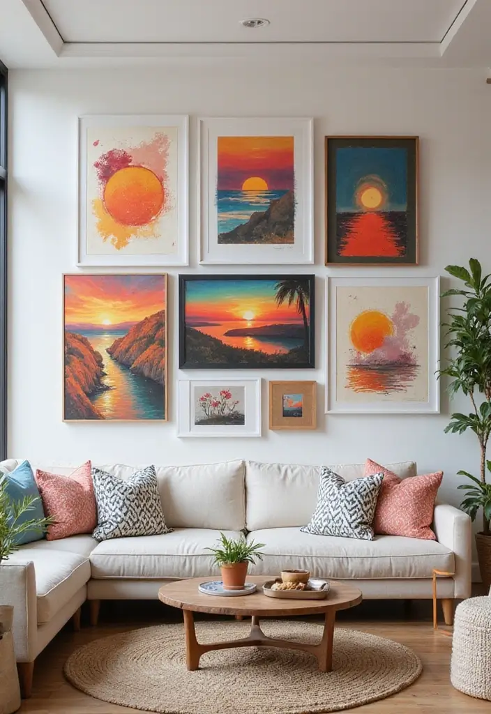 28 Sunset Living Room Ideas That Bring Color and Calm - 26. Create a Sunset-Style Gallery Wall