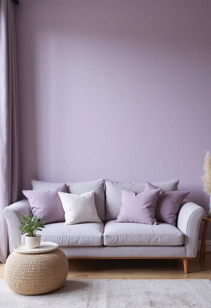 28 Sunset Living Room Ideas That Bring Color and Calm - 4. Soft Lavender for Calming Vibes