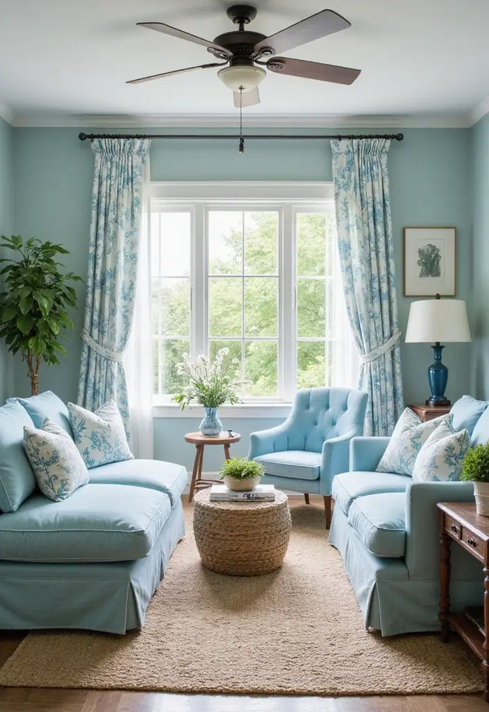 28 Sunset Living Room Ideas That Bring Color and Calm - 6. Coastal Sunset Inspiration with Blues and Greens