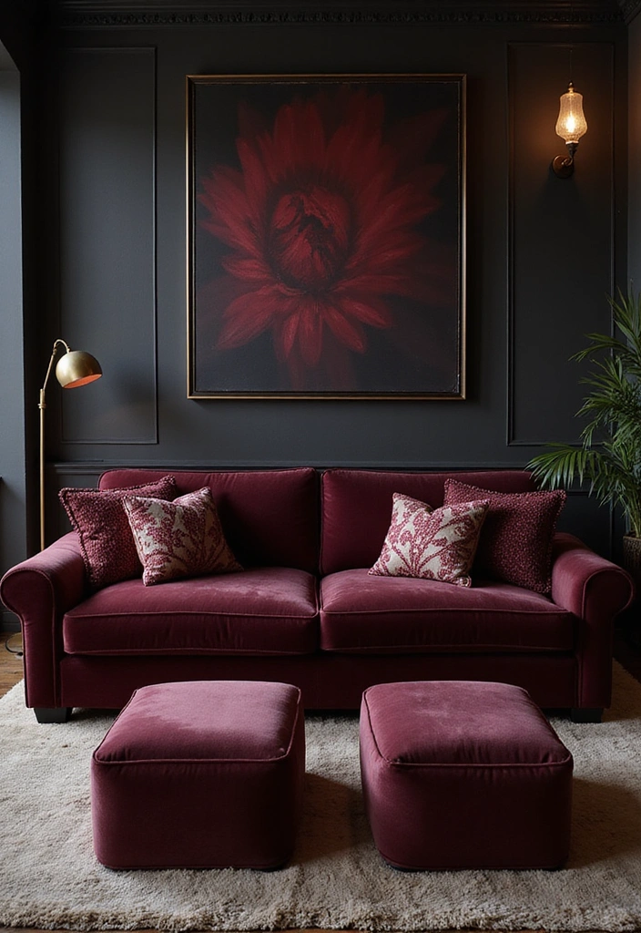 28 Vampire Living Room Ideas That Feel Dark and Dramatic - 1. Luxurious Velvet Upholstery