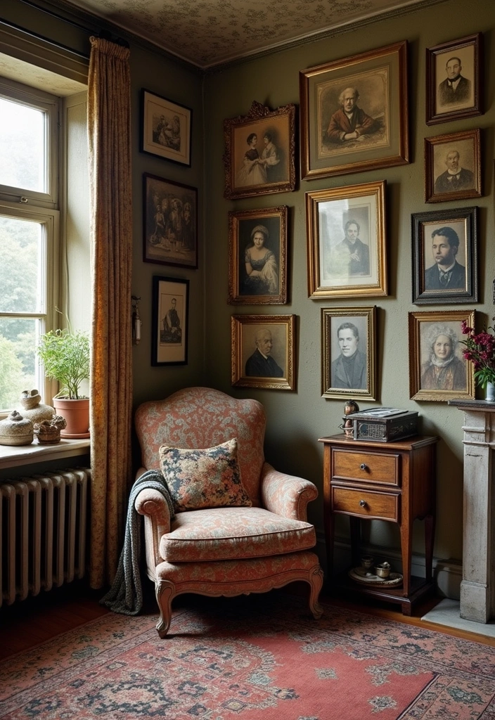 28 Vampire Living Room Ideas That Feel Dark and Dramatic - 10. Vintage Accents