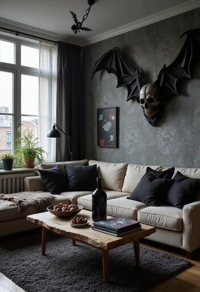 28 Vampire Living Room Ideas That Feel Dark and Dramatic - 12. Bat and Skull Motifs