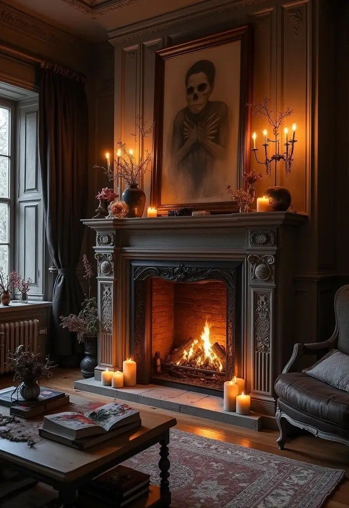 28 Vampire Living Room Ideas That Feel Dark and Dramatic - 13. Fireplace Focal Point