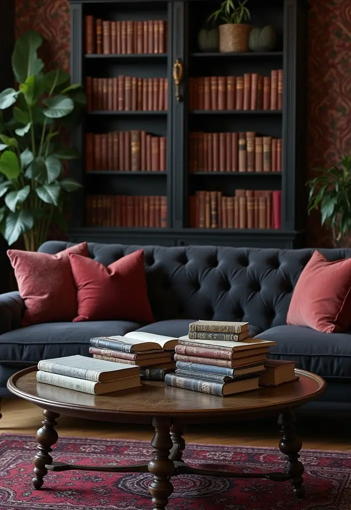 28 Vampire Living Room Ideas That Feel Dark and Dramatic - 14. Macabre Book Collection