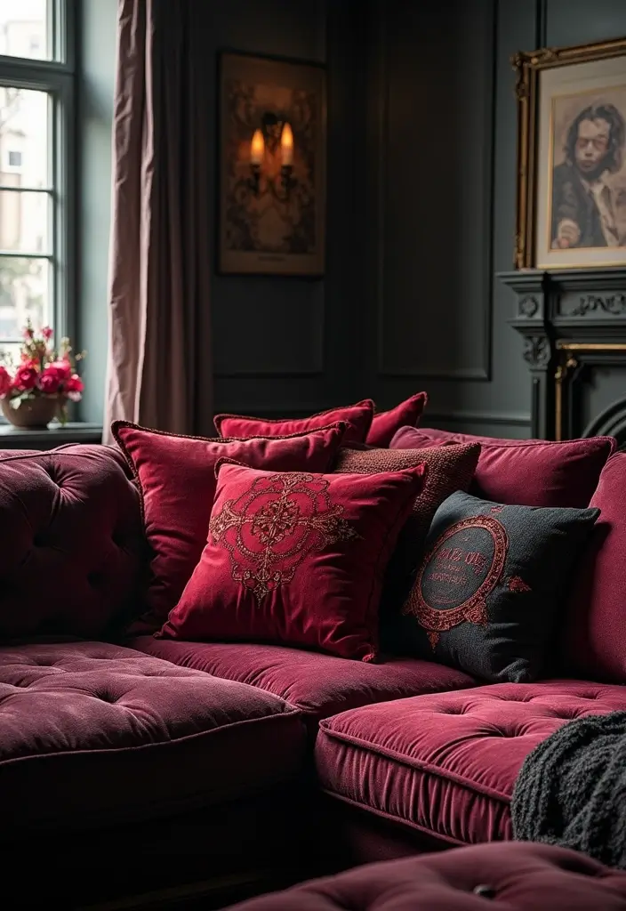 28 Vampire Living Room Ideas That Feel Dark and Dramatic - 16. Gothic-Style Cushions