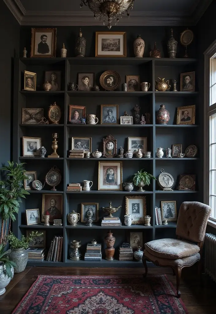 28 Vampire Living Room Ideas That Feel Dark and Dramatic - 18. Curated Souvenir Display