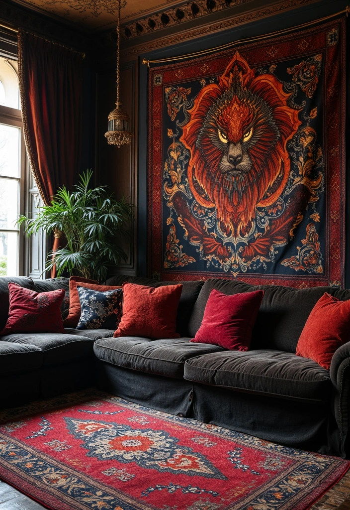 28 Vampire Living Room Ideas That Feel Dark and Dramatic - 19. Tapestries and Wall Hangings
