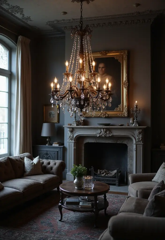 28 Vampire Living Room Ideas That Feel Dark and Dramatic - 2. Gothic Chandeliers