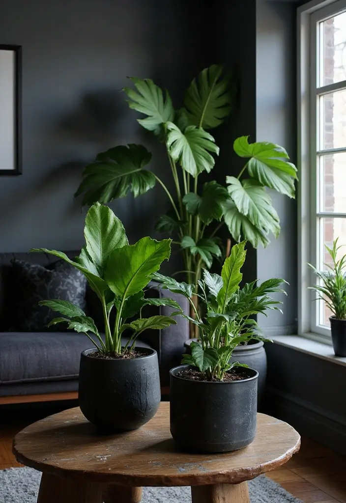 28 Vampire Living Room Ideas That Feel Dark and Dramatic - 20. Unique Plant Arrangements