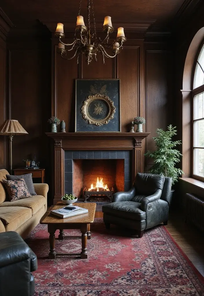 28 Vampire Living Room Ideas That Feel Dark and Dramatic - 21. Dark Wood Accents