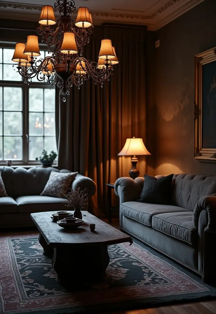 28 Vampire Living Room Ideas That Feel Dark and Dramatic - 22. Dark Accents in Lighting