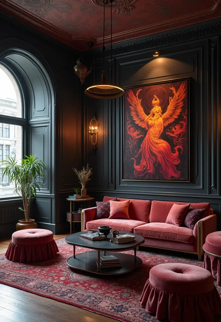 28 Vampire Living Room Ideas That Feel Dark and Dramatic - 23. Statement Pieces