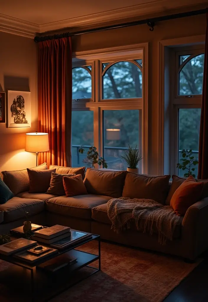 28 Vampire Living Room Ideas That Feel Dark and Dramatic - 24. Layered Lighting