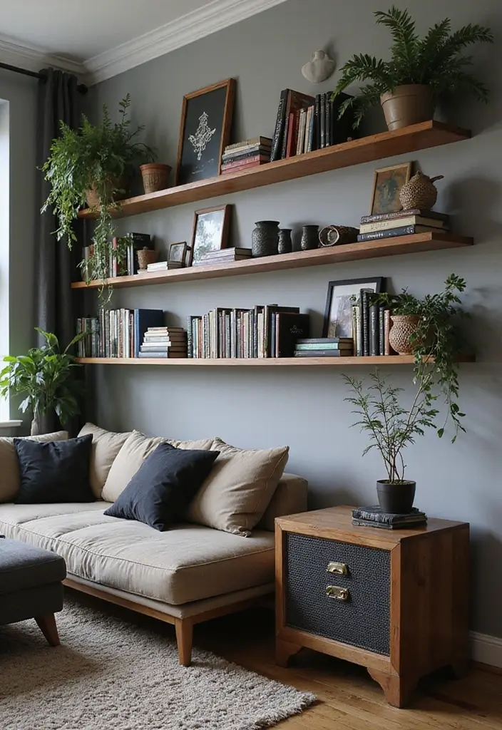 28 Vampire Living Room Ideas That Feel Dark and Dramatic - 25. Unique Wall Shelves