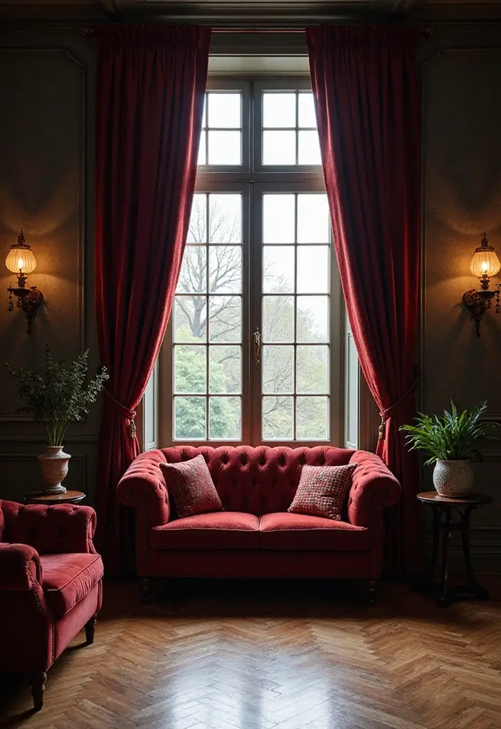 28 Vampire Living Room Ideas That Feel Dark and Dramatic - 26. Vintage-style Curtains