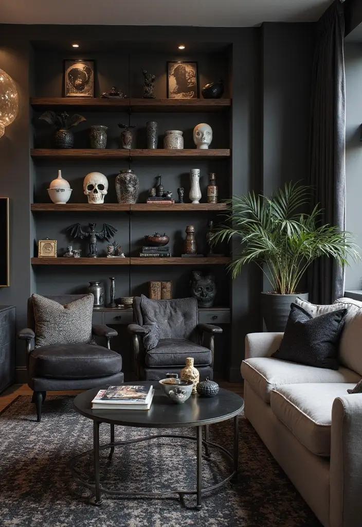 28 Vampire Living Room Ideas That Feel Dark and Dramatic - 27. Themed Decor Items