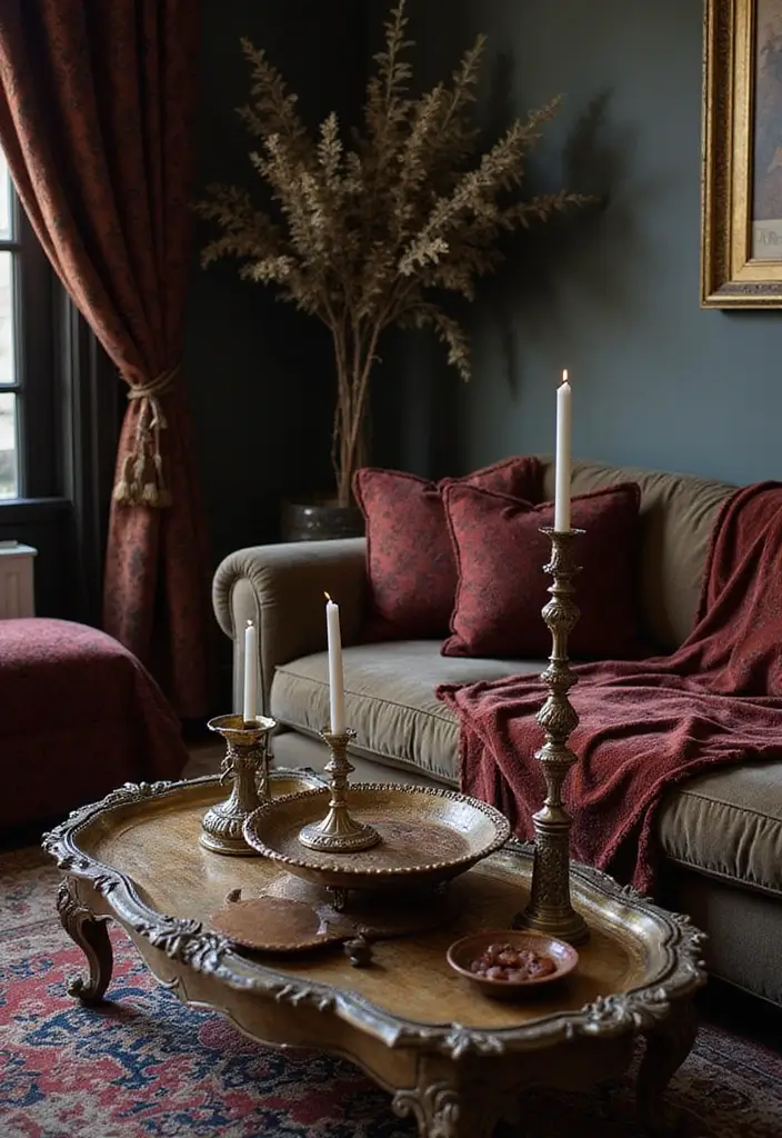 28 Vampire Living Room Ideas That Feel Dark and Dramatic - 28. Opulent Accessories