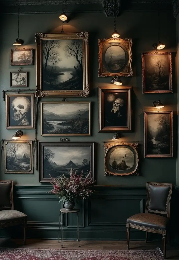 28 Vampire Living Room Ideas That Feel Dark and Dramatic - 4. Spooky Artwork