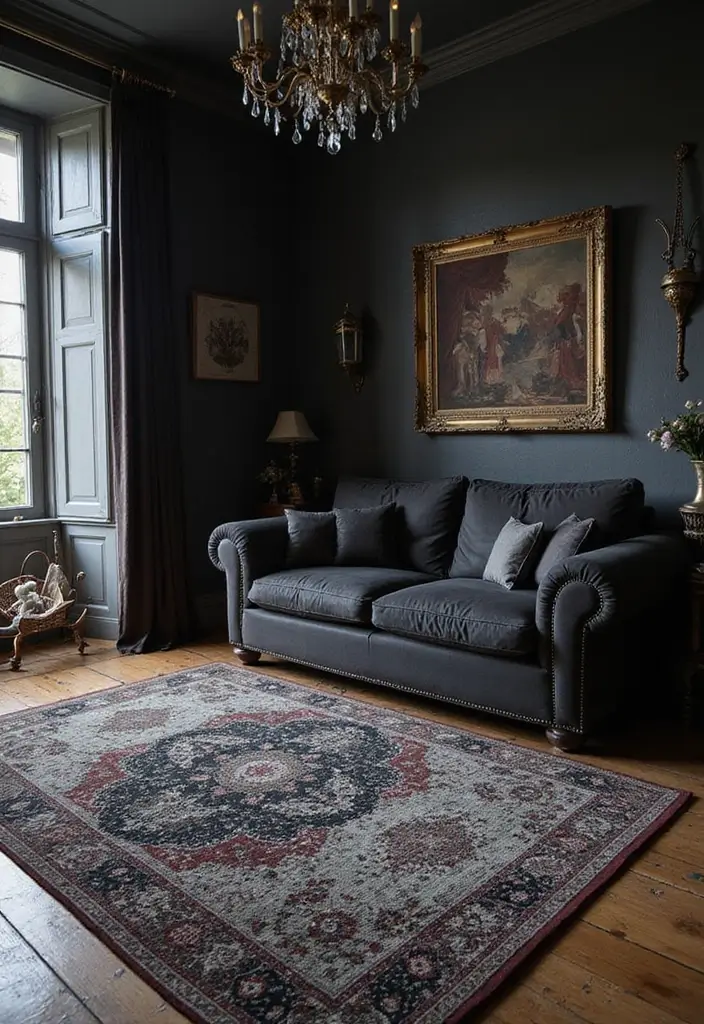 28 Vampire Living Room Ideas That Feel Dark and Dramatic - 9. Dramatic Area Rugs