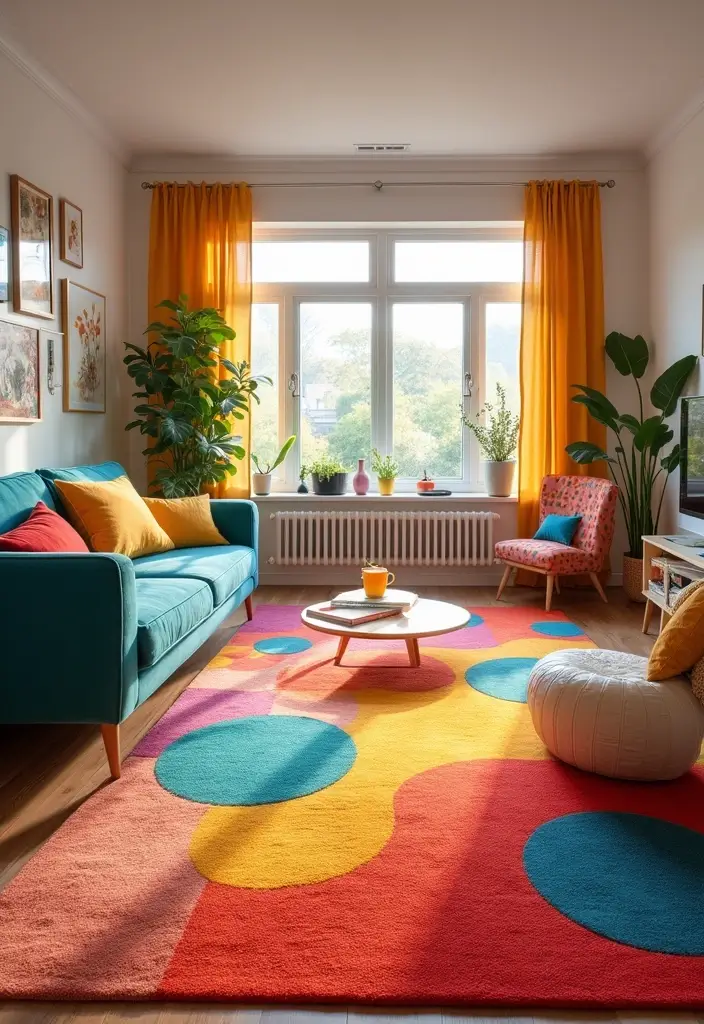 29 Carpet Ideas Living Room Modern Styles That Feel Plush and Trendy - 18. Bright & Playful Carpets