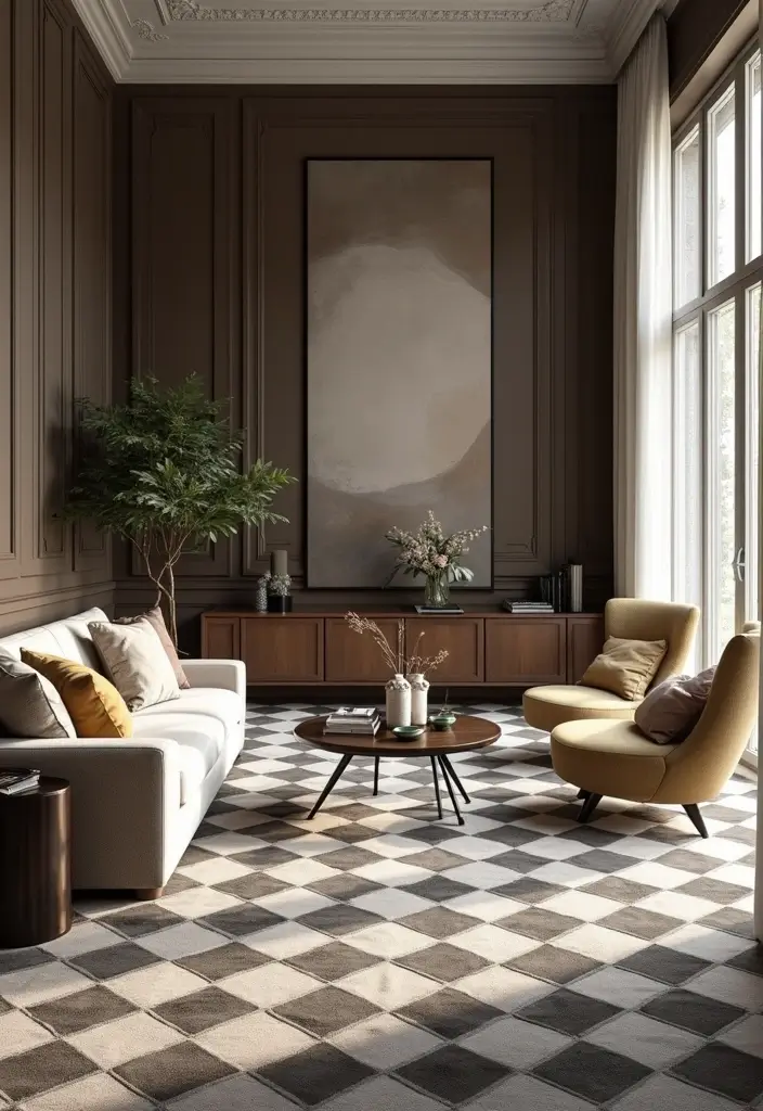 29 Carpet Ideas Living Room Modern Styles That Feel Plush and Trendy - 28. Classic Checkerboard