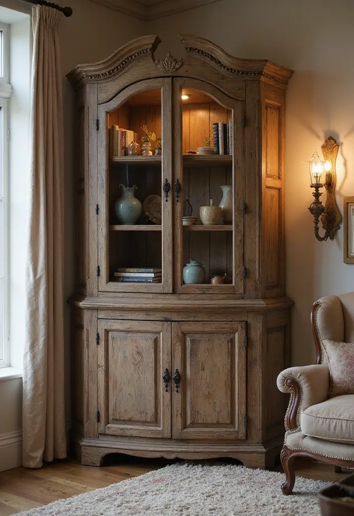 29 Corner Cabinet Living Room Ideas That Add Storage and Charm - 1. Vintage Charm: A Weathered Wood Cabinet