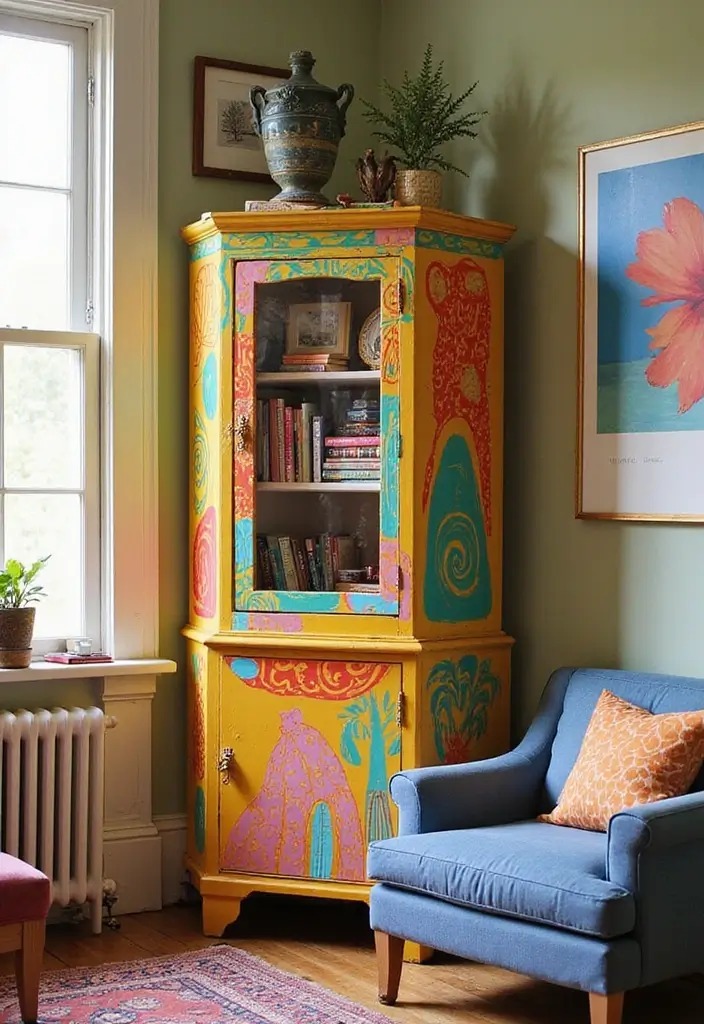 29 Corner Cabinet Living Room Ideas That Add Storage and Charm - 10. Playful Patterns: Boldly Painted Cabinets
