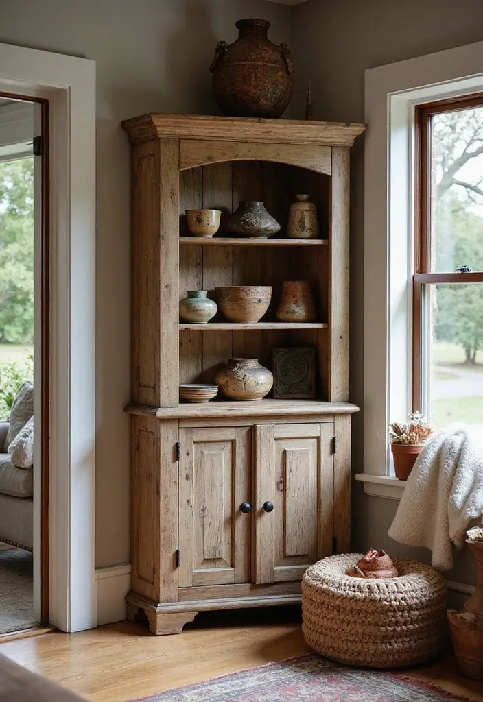29 Corner Cabinet Living Room Ideas That Add Storage and Charm - 11. Sustainable Style: Reclaimed Wood Cabinets