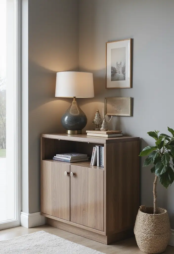 29 Corner Cabinet Living Room Ideas That Add Storage and Charm - 12. Lift-Top Storage: Contemporary Corner Cabinet