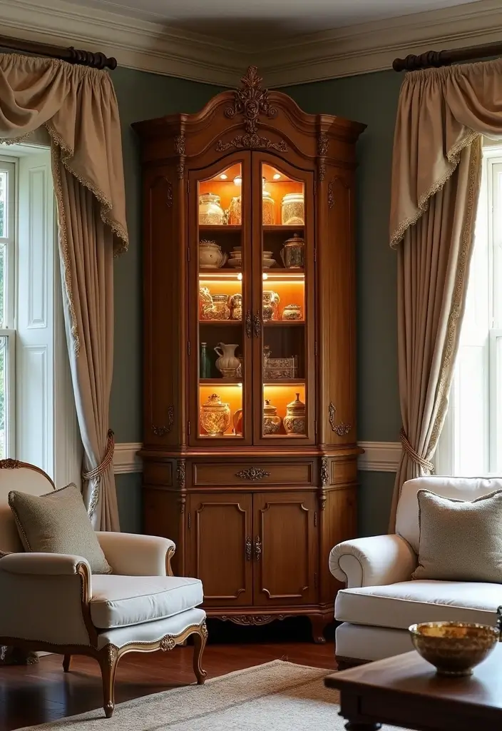 29 Corner Cabinet Living Room Ideas That Add Storage and Charm - 14. Rustic Elegance: Antique Corner Cabinet