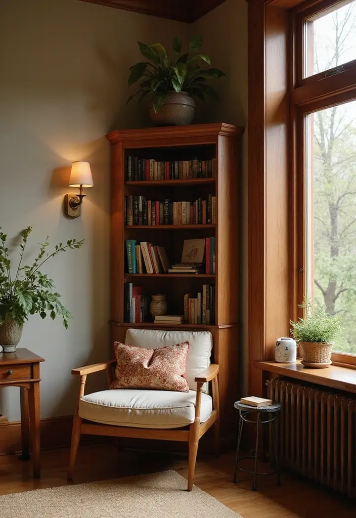29 Corner Cabinet Living Room Ideas That Add Storage and Charm - 16. Cozy Nook Corner Cabinet: Reading Retreat