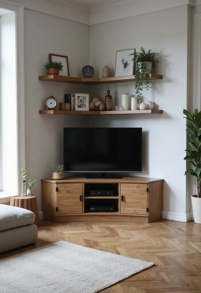 29 Corner Cabinet Living Room Ideas That Add Storage and Charm - 18. TV Corner Cabinet: Media Storage Solution